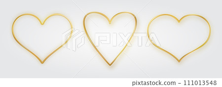 Thin gold heart frame set. Golden realistic heart border. Luxury symbol of love. 111013548