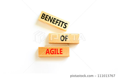 Benefits of agile symbol. Concept words Benefits of agile on beautiful wooden blocks. Beautiful white table white background. Business benefits of agile concept. Copy space. 111013767