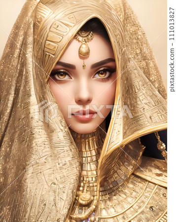 portrait of young beautiful arabian girl in traditional jewelry and cover. close up. anime style. Ai generated portrait of young beautiful arabian girl in traditional jewelry and cover. close up. anime style. Ai generated 111013827