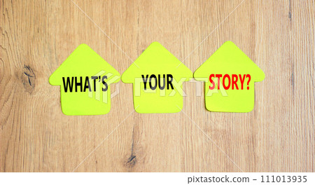 Storytelling and what is your story symbol. Concept words What is your story on beautiful paper houses. Beautiful wooden background. Business storytelling and what is your story concept. Copy space. 111013935