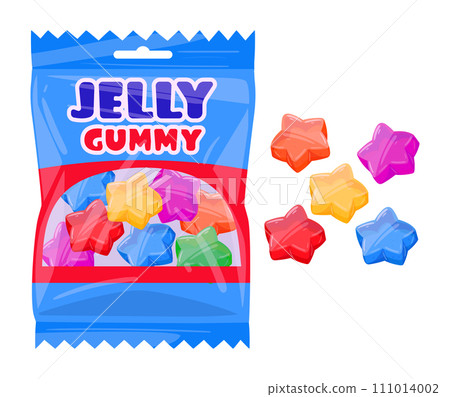 Fruity gummies package. Chewy jelly candy sweets with fruit flavor flat vector illustration. Gummy jelly candies bag on white 111014002
