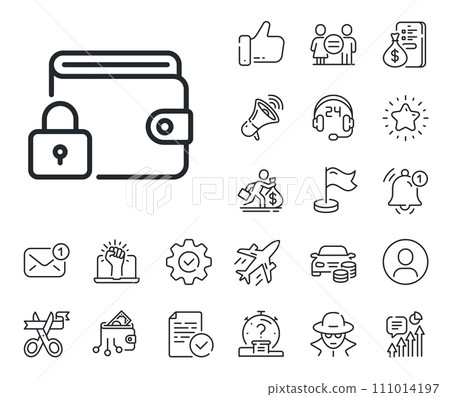 Protected wallet sign. Salaryman, gender equality and alert bell outline icons. Lock line icon. Money protection symbol. Lock line sign. Spy or profile placeholder icon. Online support, strike. Vector 111014197