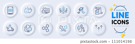 Heart, Chemical formula and Charging cable line icons for web app. Pack of Throw hats, Smile, Intersection arrows pictogram icons. Documents, Delivery truck, Ssd signs. Neumorphic buttons. Vector Heart, Chemical formula and Charging cable line icons for web app. Pack of Throw hats, Smile, Intersection arrows pictogram icons. Documents, Delivery truck, Ssd signs. Neumorphic buttons. Vector 111014198