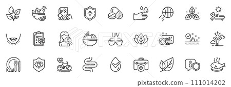 Icons pack as Chin, Rubber gloves and Dermatologically tested line icons for app include Medical analytics, Eye protection, Cardio bike outline thin icon web set. Organic tested. Vector 111014202