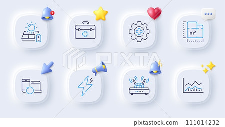 Solar panel, Medicine and Trade infochart line icons. Buttons with 3d bell, chat speech, cursor. Pack of Floor plan, Power, First aid icon. Wifi, Recovery devices pictogram. Vector 111014232