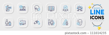 Clapping hands, Baggage and Face declined line icons for web app. Pack of Video conference, Employee result, Cyber attack pictogram icons. Fake internet, Approved group, Medical analyzes signs. Vector 111014235