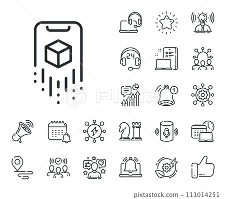 VR simulation sign. Place location, technology and smart speaker outline icons. Augmented reality phone line icon. 3d cube symbol. Augmented reality line sign. Vector VR simulation sign. Place location, technology and smart speaker outline icons. Augmented reality phone line icon. 3d cube symbol. Augmented reality line sign. Vector 111014251