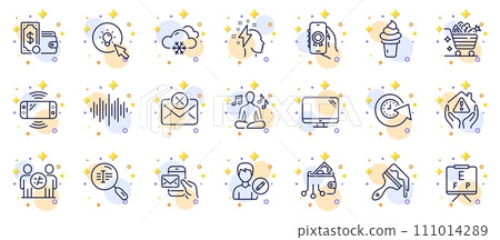 Outline set of Game console, Sound wave and Digital wallet line icons for web app. Include Yoga music, Computer, Brush pictogram icons. Messenger mail, House protection, Discrimination signs. Vector 111014289