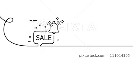 Promotion bell line icon. Continuous one line with curl. Sale Alarm reminder sign. Notification offer symbol. Promotion bell single outline ribbon. Loop curve pattern. Vector 111014305