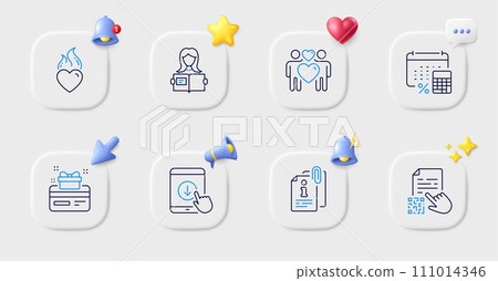 Love couple, Heart flame and Qr code line icons. Buttons with 3d bell, chat speech, cursor. Pack of Loyalty card, Attached info, Scroll down icon. Woman read, Annual tax pictogram. Vector Love couple, Heart flame and Qr code line icons. Buttons with 3d bell, chat speech, cursor. Pack of Loyalty card, Attached info, Scroll down icon. Woman read, Annual tax pictogram. Vector 111014346