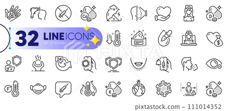 Outline set of Oculist doctor, Skin cream and Eye drops line icons for web with Shield, Face id, Low thermometer thin icon. Vaccine message, Vaccine announcement, Chin pictogram icon. Vector 111014352