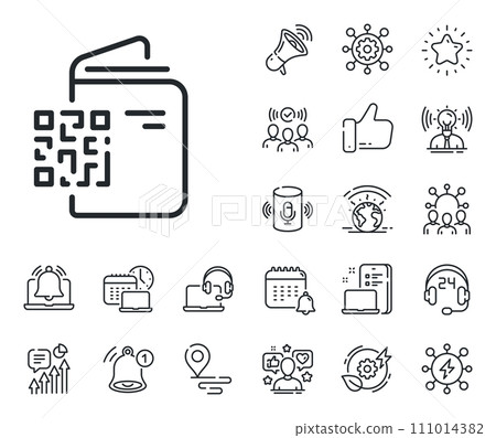 Scan barcode sign. Place location, technology and smart speaker outline icons. Qr code line icon. Passport id symbol. Qr code line sign. Influencer, brand ambassador icon. Vector 111014382