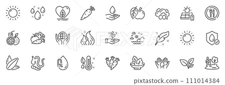 Icons pack as Safe water, Carrot and Feather line icons for app include Worms, Wind energy, Apple outline thin icon web set. Sunny weather, Vegetables, Sea mountains pictogram. Food. Vector 111014384