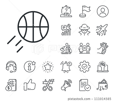 Sport ball sign. Salaryman, gender equality and alert bell outline icons. Basketball line icon. Competition symbol. Basketball line sign. Spy or profile placeholder icon. Vector Sport ball sign. Salaryman, gender equality and alert bell outline icons. Basketball line icon. Competition symbol. Basketball line sign. Spy or profile placeholder icon. Vector 111014385