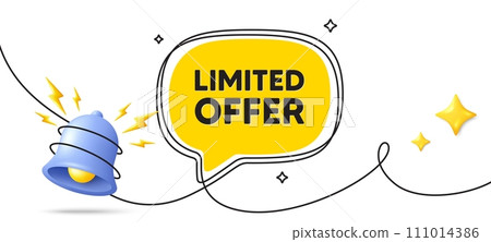 Limited offer tag. Continuous line art banner. Special promo sign. Sale promotion symbol. Limited offer speech bubble background. Wrapped 3d bell icon. Vector 111014386