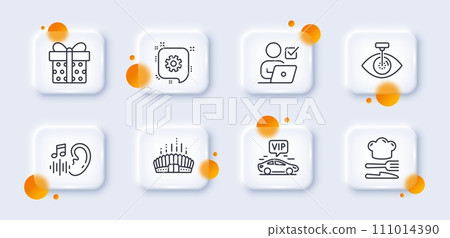 Eye laser, Online voting and Gift box line icons pack. 3d glass buttons with blurred circles. Arena stadium, Hearing, Cogwheel web icon. Vip transfer, Food pictogram. For web app, printing. Vector 111014390