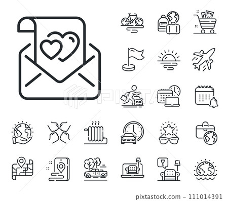Valentine sign. Plane jet, travel map and baggage claim outline icons. Love letter line icon. Couple relationships symbol. Love letter line sign. Car rental, taxi transport icon. Vector 111014391