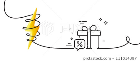 Sale gift line icon. Continuous one line with curl. Discount offer sign. Promotion price symbol. Sale gift single outline ribbon. Loop curve with energy. Vector 111014397