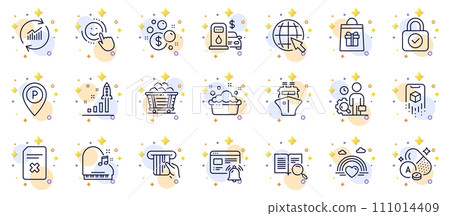 Outline set of Security lock, Lgbt and Holidays shopping line icons for web app. Include Augmented reality, Filling station, Inspect pictogram icons. Piano, Internet notification. Vector 111014409