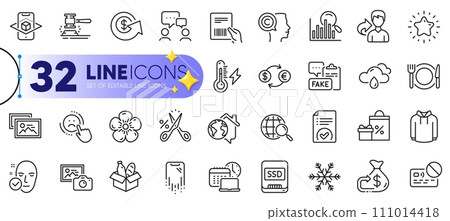 Outline set of Dollar exchange, Electricity power and Ssd line icons for web with Shopping, Hoody, Approved document thin icon. Fake document, Dislike, Cashback pictogram icon. Vector 111014418
