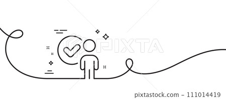 Verification person line icon. Continuous one line with curl. Accepted man sign. Approved symbol. Verification person single outline ribbon. Loop curve pattern. Vector Verification person line icon. Continuous one line with curl. Accepted man sign. Approved symbol. Verification person single outline ribbon. Loop curve pattern. Vector 111014419