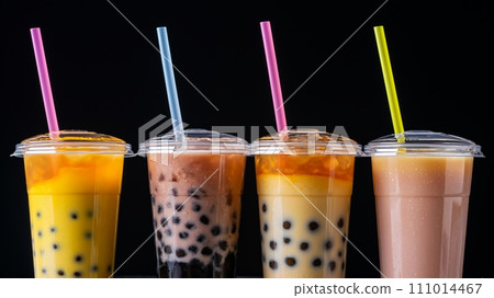 Cups with straws of bubble boba milk tea in a row on black background. Banner for restaurant Cups with straws of bubble boba milk tea in a row on black background. Banner for restaurant 111014467
