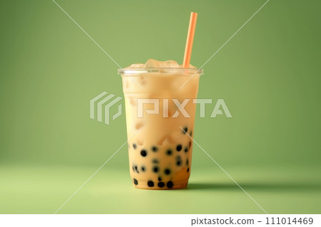 A cup of bubble boba milk tea on green background. Banner for restaurant 111014469
