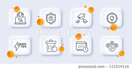 Idea, Recovery trash and Internet line icons pack. 3d glass buttons with blurred circles. Quickstart guide, Video conference, Throw hats web icon. Calendar, Shield pictogram. Vector Idea, Recovery trash and Internet line icons pack. 3d glass buttons with blurred circles. Quickstart guide, Video conference, Throw hats web icon. Calendar, Shield pictogram. Vector 111014528