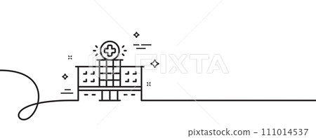 Hospital building line icon. Continuous one line with curl. Medical help sign. Hospital building single outline ribbon. Loop curve pattern. Vector Hospital building line icon. Continuous one line with curl. Medical help sign. Hospital building single outline ribbon. Loop curve pattern. Vector 111014537