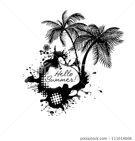 Silhouette of a palm tree on a white background. hand drawing. Not AI. Vector illustration 111014606