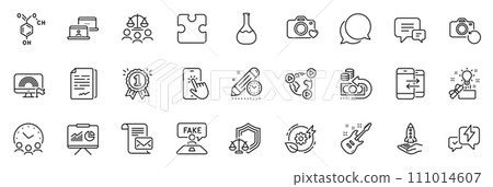 Icons pack as Video conference, Creative idea and Presentation line icons for app include Justice scales, Lightning bolt, Recovery photo outline thin icon web set. Project deadline. Vector 111014607