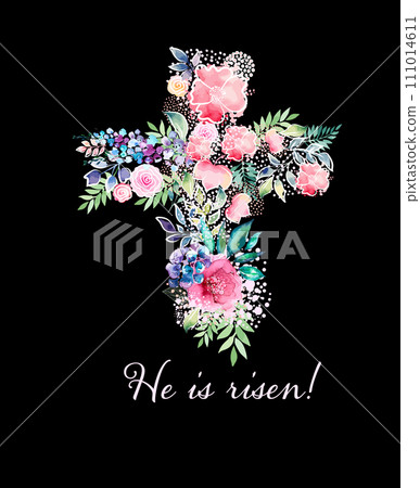 Cross of flowers on a black background. He has risen. hand drawing. Happy easter. Not AI. Vector illustration 111014611