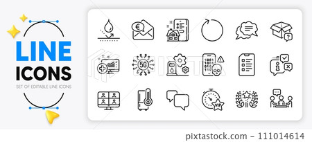 Property agency, Loop and People chatting line icons set for app include Text message, Euro money, Medical analytics outline thin icon. Speech bubble, Video conference. Vector 111014614