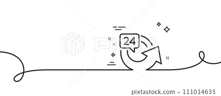 24 hours service line icon. Continuous one line with curl. Repeat every day sign. Refund symbol. 24 hours single outline ribbon. Loop curve pattern. Vector 111014635