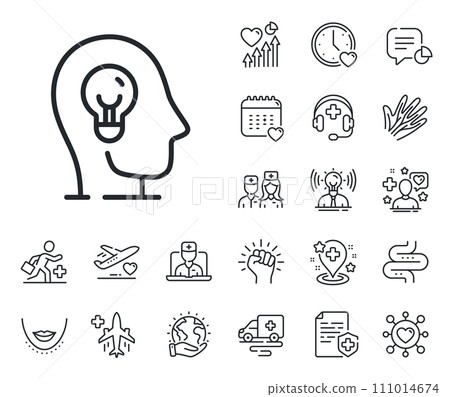 Brain idea sign. Online doctor, patient and medicine outline icons. Mental health line icon. Psychology therapy symbol. Mental health line sign. Veins, nerves and cosmetic procedure icon. Vector Brain idea sign. Online doctor, patient and medicine outline icons. Mental health line icon. Psychology therapy symbol. Mental health line sign. Veins, nerves and cosmetic procedure icon. Vector 111014674