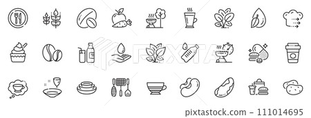 Icons pack as Beans, Plate and Food delivery line icons for app include Ice cream, Gluten free, Water drop outline thin icon web set. Coffee beans, Water bottle, Fast food pictogram. Vector 111014695
