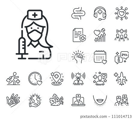 Nurse with syringe sign. Online doctor, patient and medicine outline icons. Vaccination line icon. People vaccine symbol. Vaccination line sign. Veins, nerves and cosmetic procedure icon. Vector Nurse with syringe sign. Online doctor, patient and medicine outline icons. Vaccination line icon. People vaccine symbol. Vaccination line sign. Veins, nerves and cosmetic procedure icon. Vector 111014713