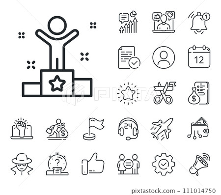 Success sign. Salaryman, gender equality and alert bell outline icons. Winner podium line icon. First place award symbol. Winner line sign. Spy or profile placeholder icon. Vector Success sign. Salaryman, gender equality and alert bell outline icons. Winner podium line icon. First place award symbol. Winner line sign. Spy or profile placeholder icon. Vector 111014750