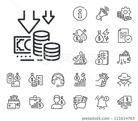 Price reduction sign. Cash money, loan and mortgage outline icons. Deflation line icon. Reduce rate symbol. Deflation line sign. Credit card, crypto wallet icon. Inflation, job salary. Vector 111014763