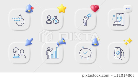 Salary, Graph chart and Approved line icons. Buttons with 3d bell, chat speech, cursor. Pack of Brand ambassador, Place, Health app icon. Chess, Hydroelectricity pictogram. Vector Salary, Graph chart and Approved line icons. Buttons with 3d bell, chat speech, cursor. Pack of Brand ambassador, Place, Health app icon. Chess, Hydroelectricity pictogram. Vector 111014805