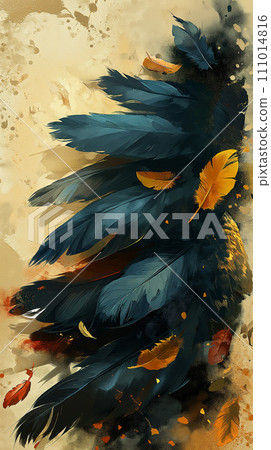Blue and orange feathers on a vintage background. In watercolor technique. Blue and orange feathers on a vintage background. In watercolor technique. 111014816