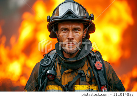 Close up pf firefighter in protective gear against blazing fire 111014882
