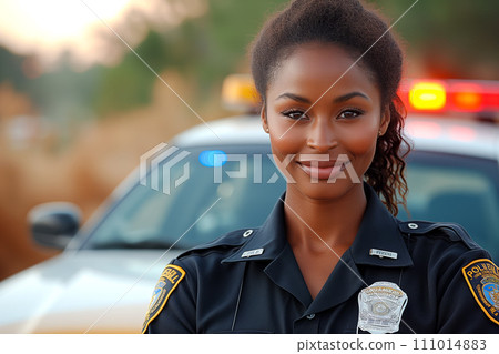 African American policewoman smiling, patrol car behind 111014883