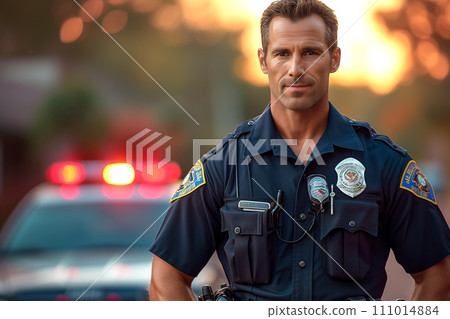Police officer standing alert in front of a patrol car 111014884