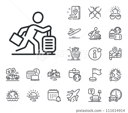 Man run with travel baggage sign. Plane jet, travel map and baggage claim outline icons. Travel delay line icon. Passenger is late symbol. Travel delay line sign. Vector 111014914
