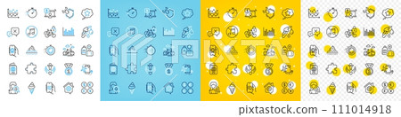 Vector icons set of Award app, Work home and Add handbag line icons pack for web with Passport, Chat app, Petrol station outline icon. Money currency, Flights application, Reject pictogram. Vector 111014918
