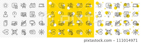 Outline Laptop, Calendar and Networking line icons pack for web with Cloudy weather, Smartphone glass, Engineer line icon. Twinkle star, Budget, Talk bubble pictogram icon. Stairs. Vector 111014971