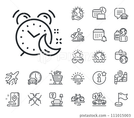 Night sleep time sign. Plane jet, travel map and baggage claim outline icons. Alarm clock line icon. Bedtime watch symbol. Alarm line sign. Car rental, taxi transport icon. Place location. Vector Night sleep time sign. Plane jet, travel map and baggage claim outline icons. Alarm clock line icon. Bedtime watch symbol. Alarm line sign. Car rental, taxi transport icon. Place location. Vector 111015003