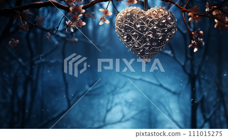 AI-generated content. Frosty metal heart, on a frosty background, with copy-space 111015275