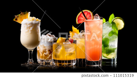 Set and collection of classic alcohol cocktails or mocktail isolated on white background with fresh summer fruits 111015319